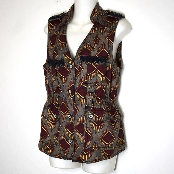Anthropologie Elevenses Button Front Vest Sz XS Embroidered Aztec Safari Boho - Picture 4 of 16